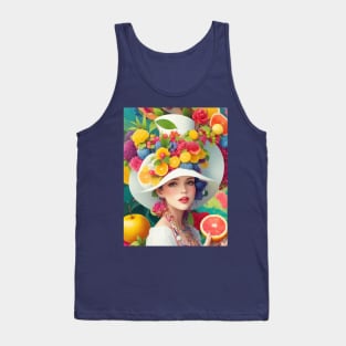 А woman with a white hat and some colorful fruity Tank Top